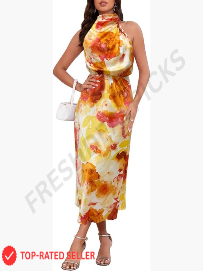 Elegant Satin Maxi Dress Sleeveless Mock Neck Formal Wedding Guest Cocktail